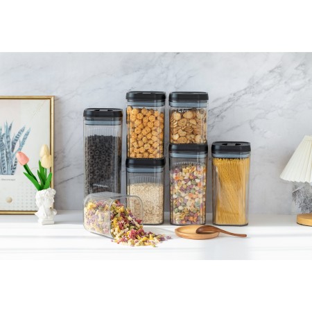 Cutii de Depozitare Alimente, Flippy, Set din 2 Cutii de tip Container, 1.3L, 0.5L, Recipiente pentru Cereale in Bucatarie,  Transparente cu Capac Negru