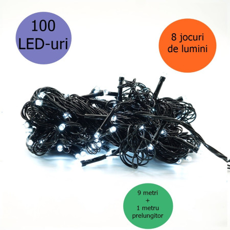 Instalatie de Craciun 8 jocuri de lumini, controler, liniara, 10 m, din care 1 m cablu priza 220V, 100 LED, fir negru, alb rece