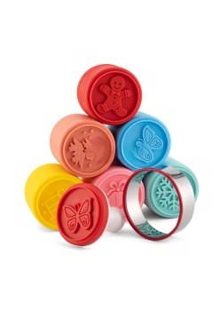 Set 6 stampile pentru prajituri Flippy, tematica de Craciun, din silicon alimentar non-toxic, taietor aluat inclus, 6 cm,  maner din plastic, compact, usor de depozitat,