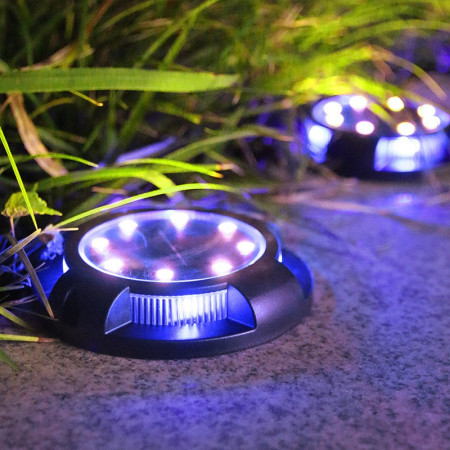 Lampa solara LED tip spot pentru gradina Flippy, cu 4 leduri laterale multicolore si 8 leduri principale alb rece, IP65, material ABS, baterie 2V, 700 mah, 11x13.5 cm, multicolor