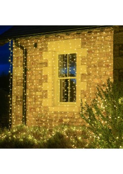 Instalatie Craciun Yoto, Tip Perdea, 3 m x 3 m, 320 LED-uri, Prelungitor 1.5 m, 8 Jocuri de Lumini, Interconectabila, Fir transparent, Interior/Exterior, Alb Cald