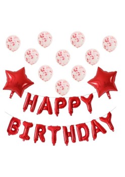 Set 12 Baloane si 1, Set pentru Aniversare, mesaj Happy Birthday, din folie de aluminiu, 30 -45 cm, Cu paiete, latex si folie, Rosu