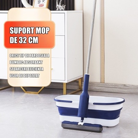 Set Mop cu Galeata Pliabila, Albastru, 32 cm, Maner Telescopic 140 cm, Stoarcere Eficienta, cu Roti