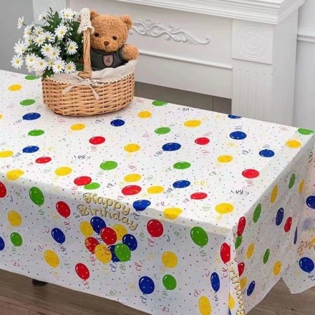 Fata de Masa, Flippy, din PEVA, Imprimeu Happy Birthday cu Baloane, 137 x 274 cm, Impermeabila, Fara Pete, Curatare Rapida, Multicolor