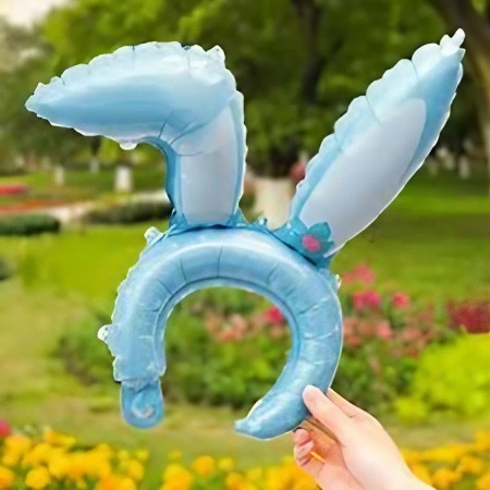 Balon din Folie Metalizata, Flippy, Tip Coronita cu Urechi, Model Iepure, Ambalaj Individual, Pai Inclus, Umflare cu Aer sau Heliu, 38 x 45 cm, Albastru