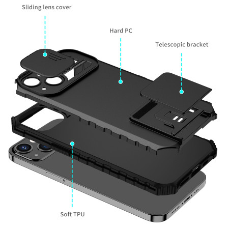 Husa Defender cu Stand pentru iPhone 13 Pro, Negru, Suport reglabil, Antisoc, Protectie glisanta pentru camera, Flippy