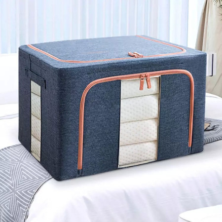 Cutie de Depozitare Pliabilă, 66L, Material Textil, Cadru Metalic, Fermoar Dublu, Fereastră Frontală și Laterală, 50x40x33 cm, Albastru Marin