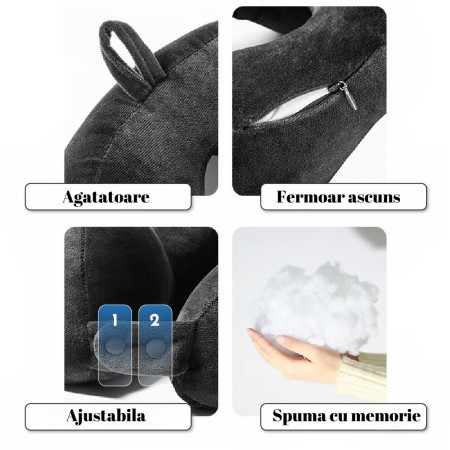 Pernă de Călătorie pentru Gât, Bumbac Moale, Suport Anatomic cu 4 Zone de Susținere, Ajustabilă, Gri