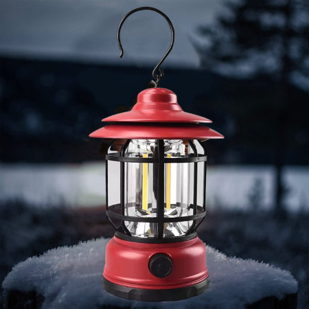 Lampă Portabilă Camping Roșie, Felinar Vintage cu Cârlig, 21 COB LED, Intensitate Reglabilă, 360° Iluminare, 5W, ABS, 10.8x14 cm