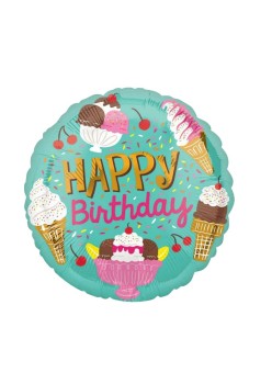 Balon din Folie Metalizata, Flippy, Mini Figurina Rotunda, Model Inghetata, Happy Birthday, Tematica Aniversare, 45 cm, Ambalaj Individual, Pai Inclus, Umflare cu Aer sau Heliu, Verde