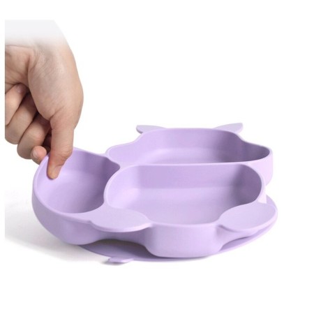 Accesorii diversificare bebelusi 10 piese din silicon, farfurie compartimentata, bol si baveta cu ventuza, tacamuri lemn-silicon, cana gustari, mov