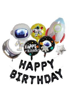 Set baloane aniversare 8 piese, Flippy, tematica HAPPY BIRTHDAY, Figurine Astronaut Racheta, 1 luna, 1 stea, 3 baloane folie, Multicolor