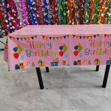 Fata de Masa, Flippy, din Folie, Imprimeu Happy Birthday cu Baloane, 137 x 183 cm, Roz
