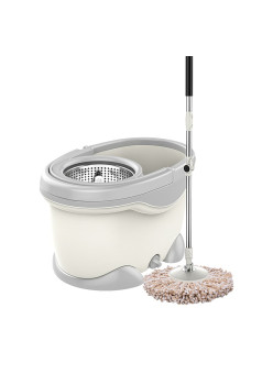 Set Galeata si Mop Rotativ 360°, Flippy, Cu Dubla Actiune Centrifuga, Pentru Uz Casnic, Maner din Otel Inoxidabil Telescopic, 2 Capte din Bumbac, 46x27x29 cm, Alb