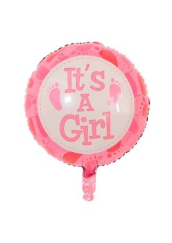 Balon din Folie Metalizata, Flippy, Figurina Rotunda, Model It's a Girl, Tema Gender Reveal, 45 cm, Ambalaj Individual, Pai Inclus, Umflare cu Aer sau Heliu, Roz