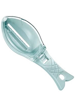 Curatator Manual Solzi de Peste, Flippy, Forma Peste , Recipient cu Capcac pentru Solzi, Plastic, Albastru deschis, 16x6 cm