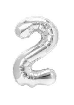 Balon din Folie Metalizata, Flippy, Figurina Cifra, Tema Aniversare 100 cm, Ambalaj Individual, Pai inclus, Umflare cu Aer sau Heliu, Argintiu, Cifra 2