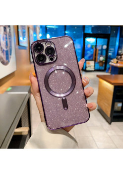 Husa de Protectie 2 in 1, Flippy, pentru iPhone 15 Pro, Glitter Chrome Magsafe, din TPU, Magnetica, cu Protectie Lentila, Mov