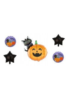 Set 5 Baloane din Folie Metalizata, Flippy, Figurine, Tema Halloween, Pai Inclus, Ambalaj Individual, Umflare cu Aer sau Heliu, Figurina Dovleac si Pisica 84x69 cm, Stelute si Cerculete 45 cm, Multicolor