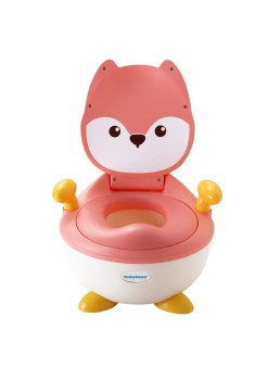 Olita pentru Copii, Flippy, +6 luni, Compartiment Detasabil, cu Capac, Antiderapanta, din Plastic, Colac Moale, Model Animat Vulpe, cu Maner, 34.5 x 35 x 23 cm, Roz/Alb