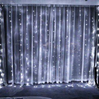 Instalatie Craciun, Tip Perdea, IP44, 3 m x 3 m, 240 LED-uri, Alb rece, cu 8 jocuri de lumini, 31 V, 9W, Interconectabila, Prelungitor 3 m inclus, Fir transparent, Interior/ Exterior, Flippy