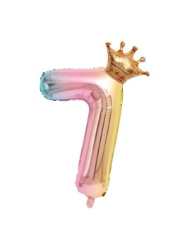 Balon din Folie Metalizata, Flippy, Figurina Cifra Gradient, Tema Aniversare 80 cm, Ambalaj Individual, Pai inclus, Umflare cu Aer sau Heliu, Coronita, Cifra 7