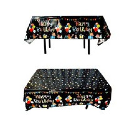 Fata de Masa, Flippy, din Folie, Imprimeu Happy Birthday cu Baloane, 137 x 183 cm, Negru