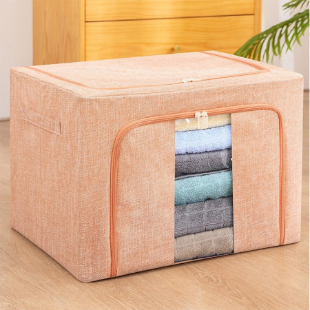 Cutie de Depozitare Pliabila, Flippy, 100 L, din Bumbac si In, 60x42x40 cm, 2 Ferestre, Frontala si Laterala, 2 Usi de Acces cu Fermoar Bidirectional, Cadru Metalic, Suport Baza Stabil din Plastic, Roz Pudrat