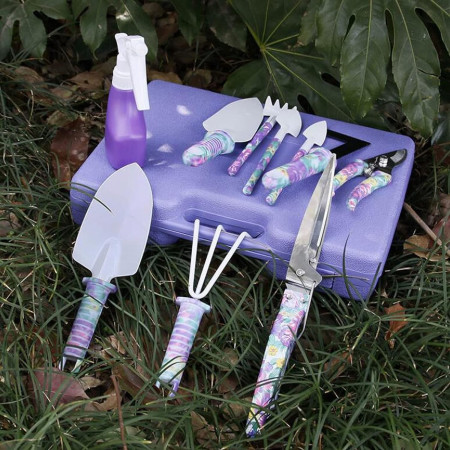 Set 10 Accesorii Grădinărit cu Geantă Depozitare, Oțel Inoxidabil, Foarfeci + Lopeți + Pulverizator, 37 x 29 cm, Mov