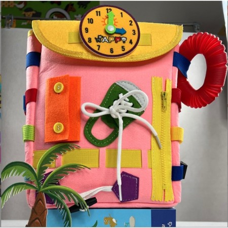 Ghiozdan Montessori, Flippy, pentru Copii 2-6 ani, Fidget Pop, cu Catarame si Fermoare, Jucarii Senzoriale, Activitate de Invatare prin Joc, Roz, 0.25 kg, 28x10x23 cm