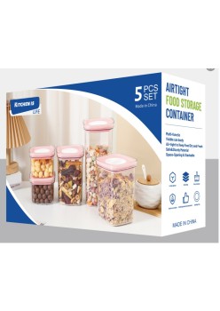 Set 5 cutii depozitare, Flippy, PET, Jar, PP, Silicon, 2000mL, Transparente, Capac alb-albastru