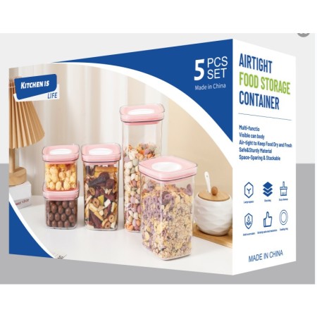 Set 5 cutii depozitare, Flippy, PET, Jar, PP, Silicon, 2000mL, Transparente, Capac alb-albastru