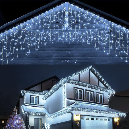 Instalatie Craciun Tip Franjuri/Turturi, 8 Jocuri de Lumini, Interconectabila, 12 m, 300 LED-uri, Prelungitor 1.5 m, Fir transparent, Alb Rece
