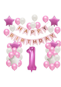 Set Baloane Aniversare HAPPY BIRTHDAY, Flippy, set din 42 bucati, 1 bucata cifra mare, 4 stele din folie aluminiu, 37 simple din latex, Baby Girl, 60 cm Roz