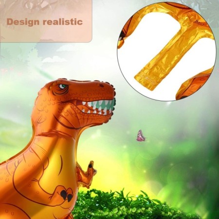 Balon din Folie Metalizata, Flippy, Mini Figurine Dinozauri, Model T-Rex, Tematica Aniversare, 48x34 cm, Ambalaj Individual, Pai Inclus, Umflare cu Aer sau Heliu, Multicolor