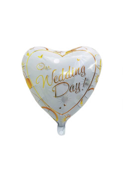 Balon din Folie Metalizata, Flippy, Figurina Inima, Model Our Wedding Day, Tema Nunta, 45 cm, Ambalaj Individual, Pai Inclus, Umflare cu Aer sau Heliu, Alb/Auriu