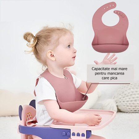 Set 10 piese diversificare bebelusi si copii din silicon Flippy, baveta, farfurie compartimentata cu ventuza, bol cu ventuza, tacamuri din lemn si silicon, cana pentru gustari, fara alergeni, roz pudrat