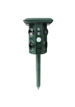 Aparat Solar LED cu Ultrasunete și Vibrații, Repelent Animale Mari și Mici, Senzor PIR, Lumini Roșii, Frecvență 13.5-45.5 KHz, IP54, USB & Solar, 15.5x15.4x26.2 cm, Verde