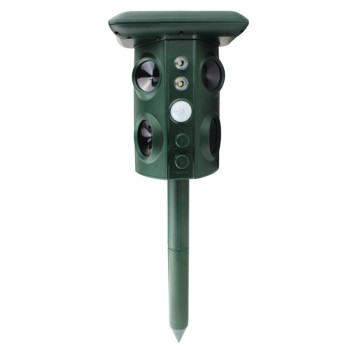 Aparat Solar LED cu Ultrasunete și Vibrații, Repelent Animale Mari și Mici, Senzor PIR, Lumini Roșii, Frecvență 13.5-45.5 KHz, IP54, USB & Solar, 15.5x15.4x26.2 cm, Verde