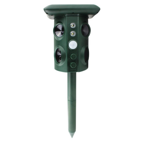 Aparat Solar LED cu Ultrasunete și Vibrații, Repelent Animale Mari și Mici, Senzor PIR, Lumini Roșii, Frecvență 13.5-45.5 KHz, IP54, USB & Solar, 15.5x15.4x26.2 cm, Verde