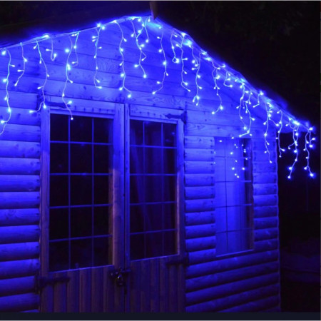 Instalatie Craciun Tip Franjuri/Turturi,  8 Jocuri de Lumini, Interconectabila, 12 m, 300 LED-uri, Prelungitor 1.5 m, Fir transparent, Albastru