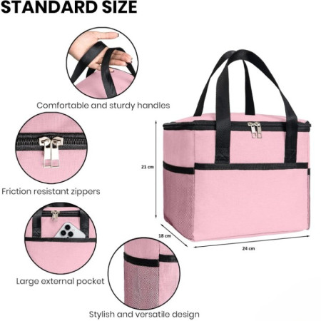 Geanta Termica Flippy pentru Pranz, Compartimente Telefon si Tacamuri, Multifunctionala, Impermeabila, 24x18x21 cm, Roz