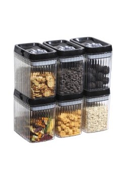 Cutii de Depozitare Alimente, Flippy, Set din 6 Cutii de tip Container, Recipiente pentru Cereale in Bucatarie,  Transparente cu Capac Negru