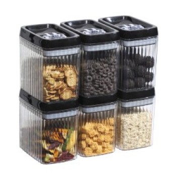 Cutii de Depozitare Alimente, Flippy, Set din 6 Cutii de tip Container, Recipiente pentru Cereale in Bucatarie,  Transparente cu Capac Negru