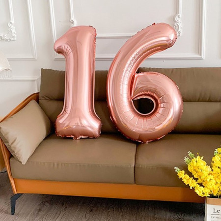 Balon din Folie Metalizata Flippy, Figurina Cifra, Tema Aniversare 40 cm, Ambalaj Individual, Pai inclus, Umflare cu Aer sau Heliu, Rose Gold, Cifra 1