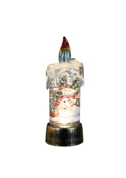 Decoratiune de Craciun tip Lumanare, Flippy, Lumanare de Cristal cu Fulgi de Zapada, Model Om de Zapada cu Sclipici, Iluminare LED, 13 x 5 x 5 cm, Baza Vintage Bronze, Transparent