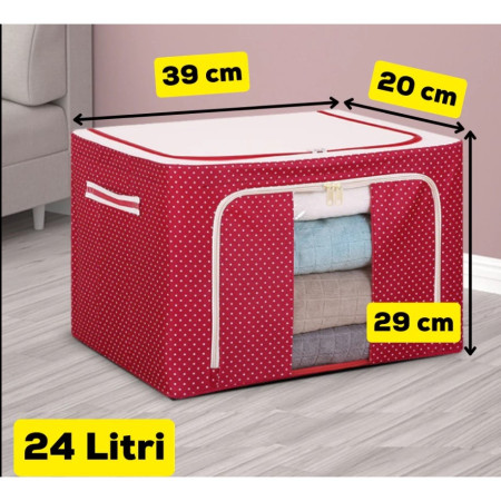 Cutie de Depozitare Pliabilă, 24L, Pânză Oxford, Cadru Metalic, Fermoar Bidirecțional, Fereastră Transparentă, Design cu Buline, 40x30x20 cm, Roșu