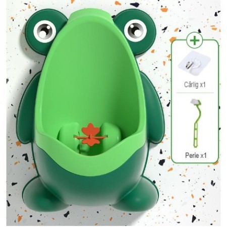 Pisoar pentru Baieti, Flippy, 0-8 Ani, in Forma de Broasca, Perie Inclusa, Montare pe Perete, Carlig Autoadeziv Inclus, 29 x 22.5 cm, Verde