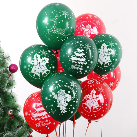 Set 16 Baloane din Latex, Flippy, Model Merry Christmas, Tematica Craciun, 25 cm, Verde Rosu