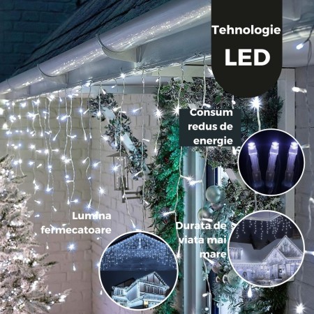 Instalatie Craciun Tip Franjuri/Turturi, 8 Jocuri de Lumini, Interconectabila, 4 m, 120 LED-uri, Prelungitor 1.5 m, Fir transparent, Alb Rece